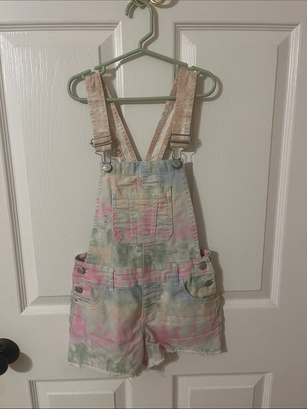 Jordache Pastel Tie-Dye Short Overalls - Pink, Mint & Light Blue